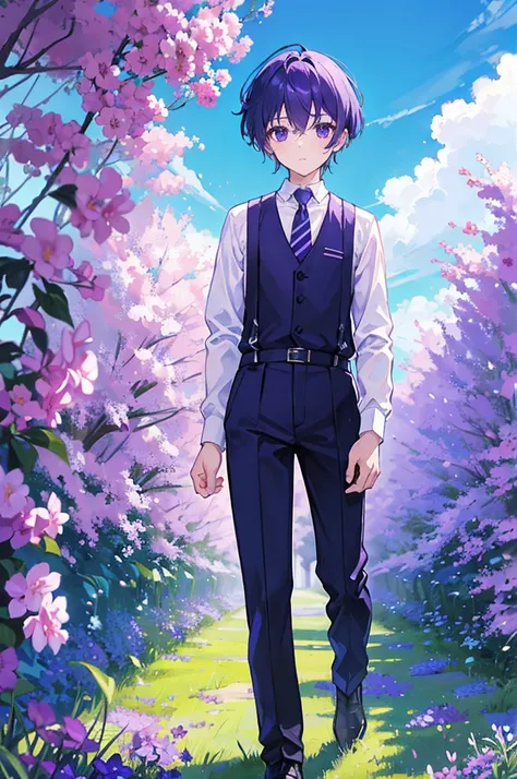 Blue Sky Day、Standing in a purple flower field、With short purple hair、White shirt, black suspenders and black trousers、Boy with purple tie