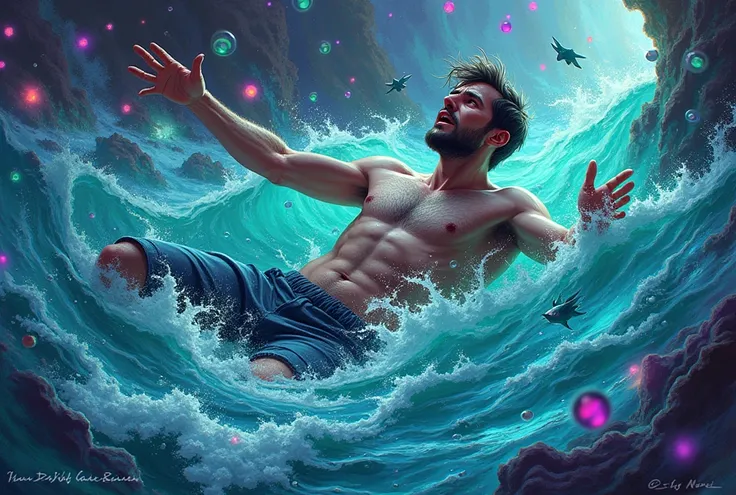 Create an artistic illustration of a fantasy and colorful man drowning