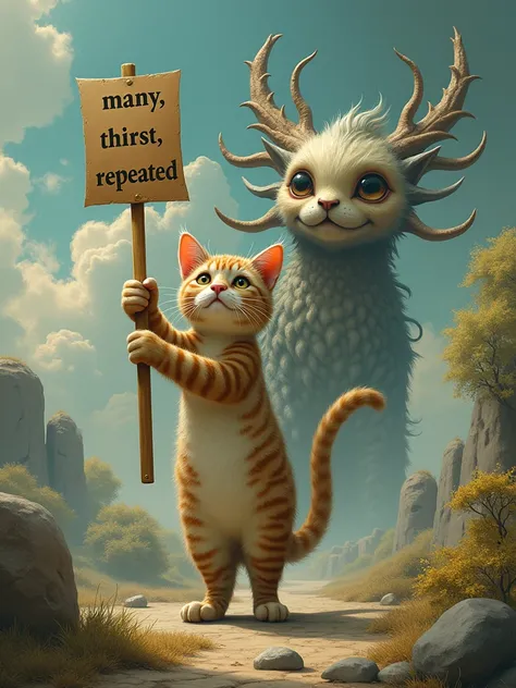 the cat is holding a sign that says "many, thirst, repeated" et Pumpjin