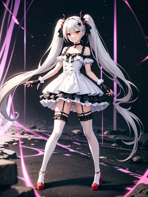 jfrsd, twintails, sidelocks, star hair ornament, twintails, sidelocks, star hair ornament, ring hair ornament, fake horns, choker, frills, white dress, black panties, fingerless black gloves, white thighhighs, silver hair, full body shot, stockings, smug, ...