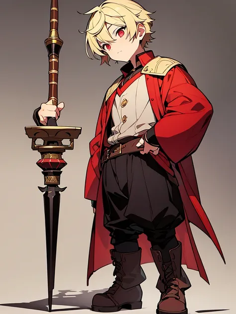 a young boy, childlike appearance, blond, with vibrant red eyes, hes low, a neutral expression, kinda lazy, wearing exotic clothes, having a gaucho style, kind of anime, being clothes a little bigger for his size, having big boots. He also has a large weap...