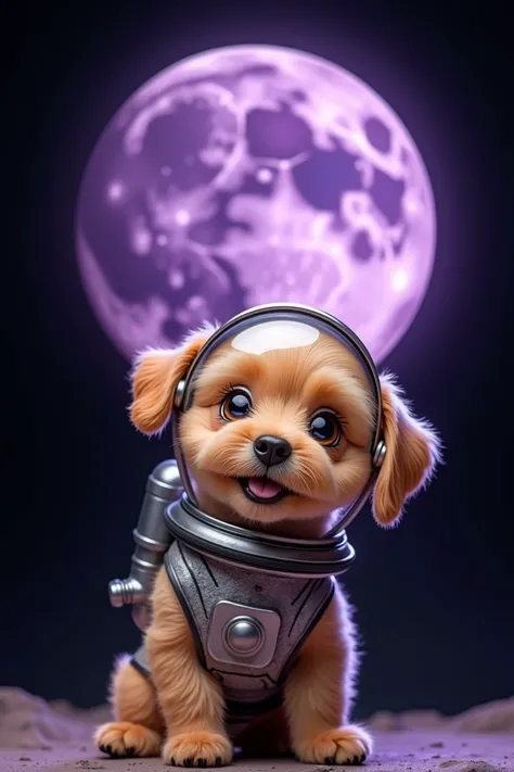 An adorable little dog wearing a shiny astronaut suit with a transparent helmet, saying hello above a stylized purple moon. The moon has craters and textures, and the background is a deep black, creating a contrast that makes both the dog and the moon stan...