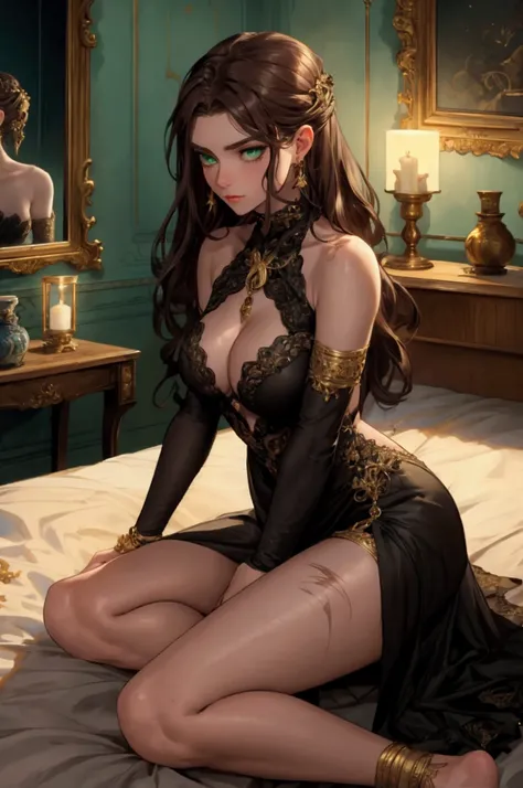 Brown hair, fair skin, green eyes, wearing a black dress, it’s mostly covered expect on her wait, clevedge, and arms. She has long lashes, scars on her arms and thighs (she’s insecure about them) she has gold jewelry on her ears, neck, nose, wrist, ankles,...