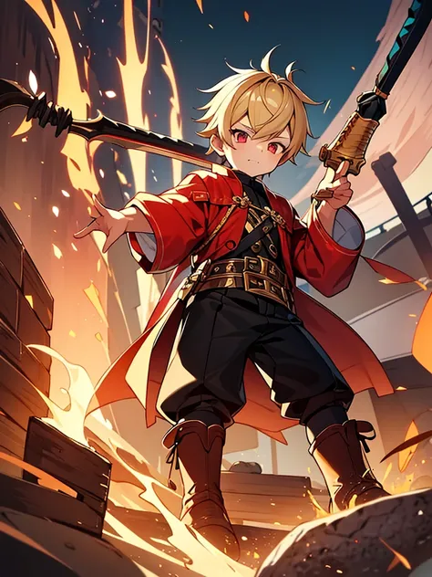 a young boy, childlike appearance, blond, with vibrant red eyes, hes low, a neutral expression, kinda lazy, wearing exotic clothes, having a gaucho style, kind of anime, being clothes a little bigger for his size, having big boots. He also has a large weap...