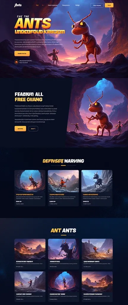 Generate an official website for gaming enterprise brand，reference：dribbble，Behance and other avant-garde web design creativity，Banner picture game font says：The Ants: Underground Kingdom The Worlds First Ant Strategy Games，Gaming websites，strategy game，Sa...