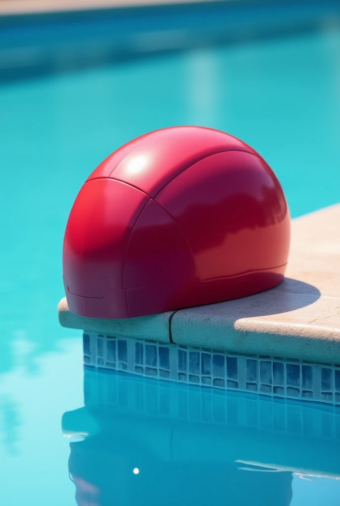 Wine red swimming cap, on the edge of a pool 