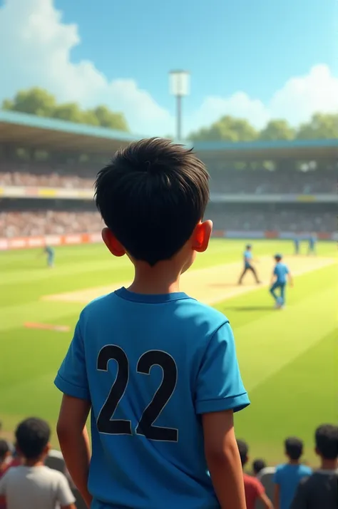 A boy watching cricket match in the ground and wearing a blue t shirt and back side number is 22 and Name is Dhanushka 