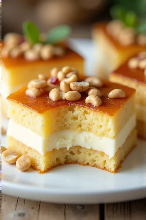 Create a picture about this product. Cassava cake with peanuts toppings on top
