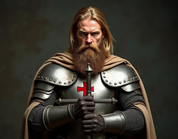 From below view, standing pose, action pose,  12th century, One of the Knights Templar of the Temple of Jerusalem, (Englishman, 40 age-old, gold hair, middle hair, beard, mustache, serious),Cover the whole body in armor, He has a double-edged sword in both...