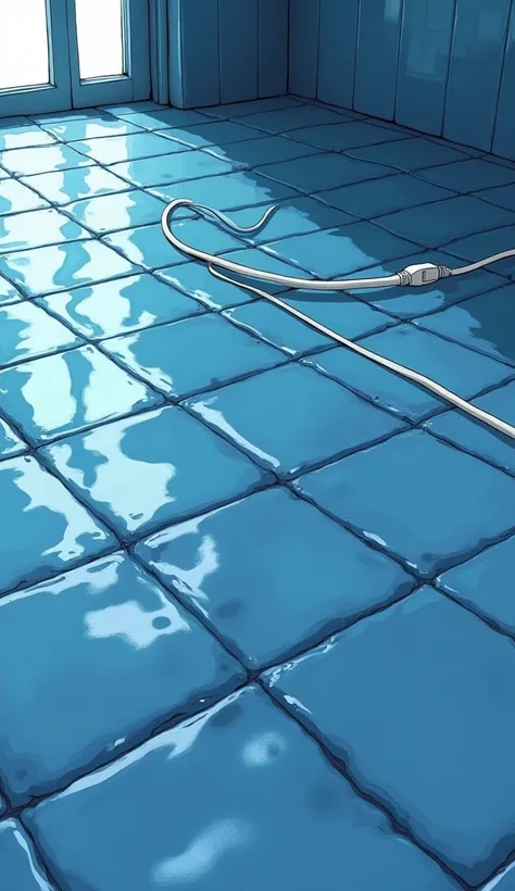 blue tile floor, Water-soaked tile floor, illustration, Floor close-up, White power cord submerged in water, Oil painting