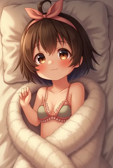 kilometers, 1 child, comforter, blush, bow, Brown eyes, Brown hair, hair bow, fur tubes, in bikini