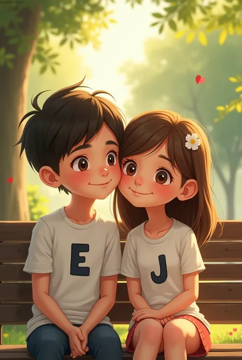 A boy and a girl sitting on a bench looking at me With white shirts and in front the boy has the letter E on his shirt and the girl has the letter J on her shirt and below the letters they have the numbers 04-12-19 And behind them a park 