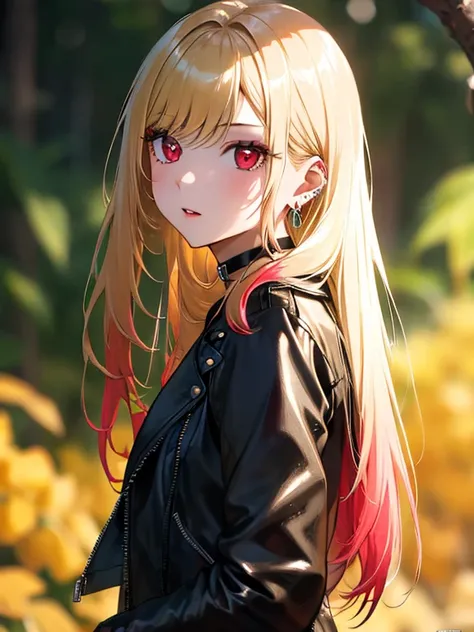 black leather jacket, kitagawa marin, one girl, blonde hair, long hair, multicolored hair, red eyes, jewelry, earrings, earrings...