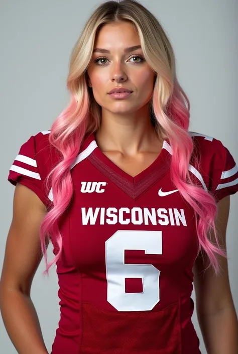 A photo of Lexi Stevens, a quarterback for the female Wisconsin Badgers football team. Number 6. Blonde hair with pink tips and a busty frame