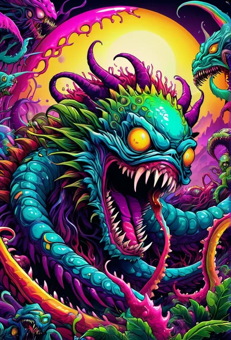 ((master psychedelic laughing monster 2d)), hyper beast, colorfull, high detailed, saturated colors, tentacles, zombies, blood, ...