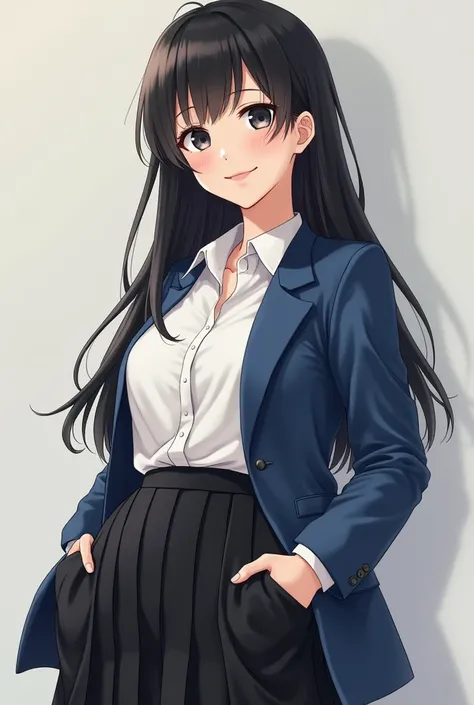 (((Highest quality))),Japanese women,14-year-old face,Black eyes,Brown eyes,Black Hair,bangs,long hair down to the back,,Lipid skin,(Big Breasts),Short,(Blue blazer),White blouse,(Black pleated skirt),plump belly,Muchimuchi thigh,smile,Angle from below,