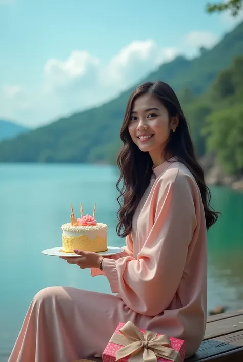 Lake Toba,potret full badan seorang wanita muda cantik indonesia menawan aduhai memakai mantel duduk di bangku samping Lake Toba,while holding a birthday cake,gift,on the side there is writing happy birthday CATHELYA,typography,cinematic,Blue sky,smile