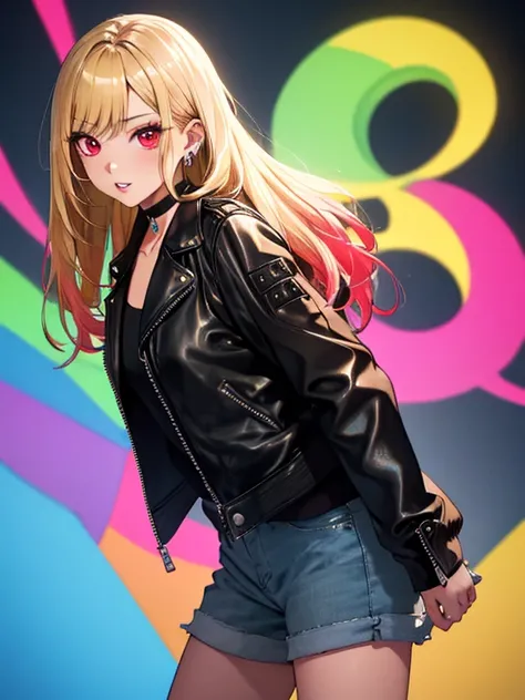 Black Leather Jacket, kitagawa marin, One girl, Blonde Hair, Long Hair, Multicolored Hair, Red eyes, jewelry, Earrings, Earrings, Black choker, uhd, retina, masterpiece, ccurate, anatomically correct, textured skin, super detail, high details, high quality...