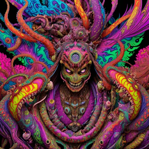 ((master psychedelic laughing monster 2d)), hyper beast, colorfull, high detailed, saturated colors, tentacles, zombies, blood, ...