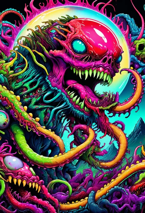 ((master psychedelic laughing monster 2d)), hyper beast, colorfull, high detailed, saturated colors, tentacles, zombies, blood, ...