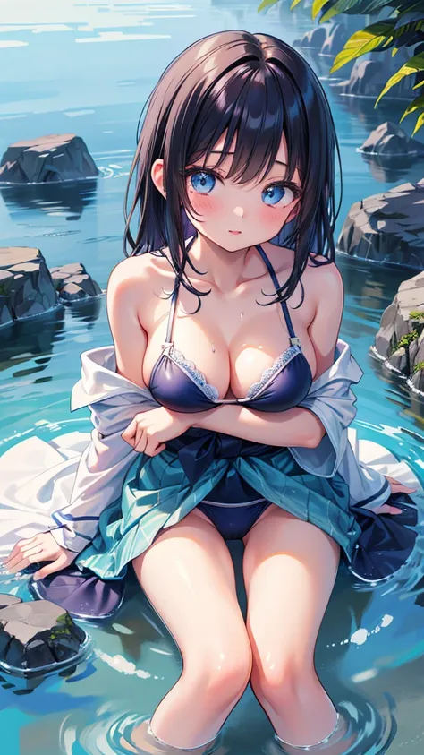 A 14 year old Japanese girl, wearing a blue micro bikini, spread both legs apart, enhancing breasts, beautiful detailed face, beautiful eyes and lips, masterpiece, 8K, hyper realistic, photorealistic, vibrant colors, beautiful,Get used to it, Exquisite, ex...