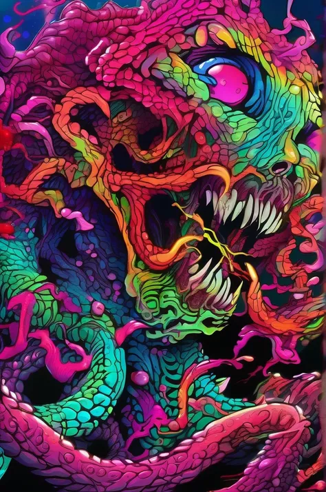 ((master psychedelic laughing monster 2d)), hyper beast, colorfull, high detailed, saturated colors, tentacles, zombies, blood, ...