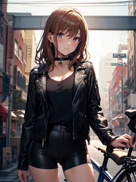 rider, Black Leather Jacket, Ride a big bike, Misaka Mikoto, 1girl, black choker, uhd, retina, masterpiece, ccurate, anatomically correct, textured skin, super detail, high details, high quality, best quality, highres, 4K