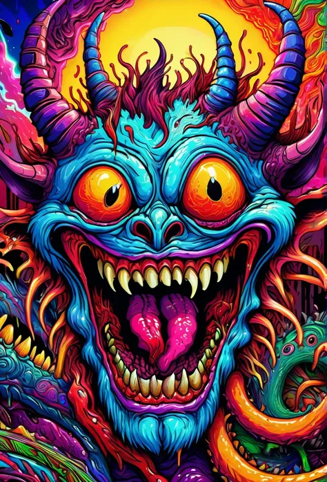 ((master psychedelic laughing monster 2D)), a dangerous monster with horns, grim scene, colorful doodle, gothic, Van Gogh art, close up, hyper detailed, masterpiece, 4k, vibrant colors, dramatic lighting, chiaroscuro, impasto, thick brushstrokes, moody atm...