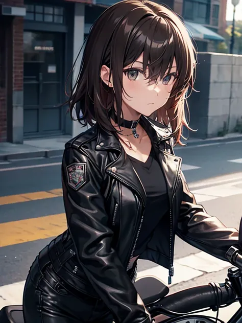 rider, Black Leather Jacket, Ride a big bike, Misaka Mikoto, 1girl, black choker, uhd, retina, masterpiece, ccurate, anatomically correct, textured skin, super detail, high details, high quality, best quality, highres, 4K