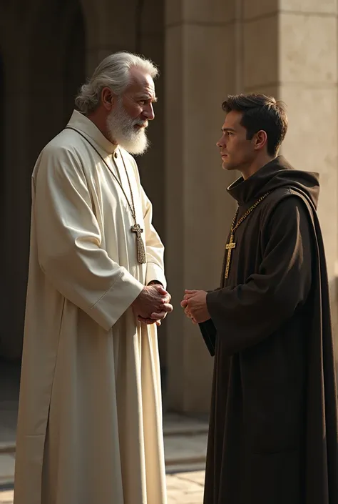 A middle aged priest wearing a full plain white cassack , talking to a young man