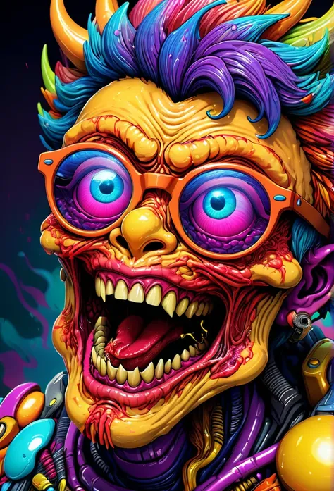 ((master psychedelic laughing monster 2D)), (((3D, CGI))) a futuristic guy with wraparound glasses, anime style, white background, yellow colors, detailed face, detailed eyes, detailed nose, detailed lips, 1 person, beautiful detailed character, photoreali...