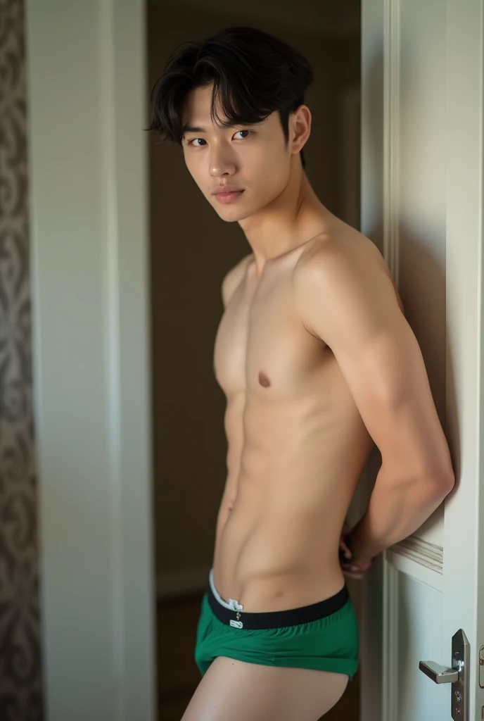 Handsome young man,Chinese-korean idol people,teenager,Take off your shirt.,Wear green underwear,leaning against the door,bedroom,,