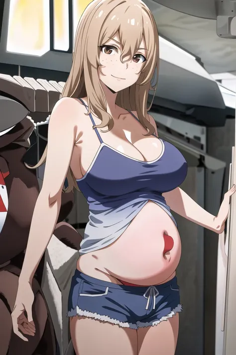 score_9, score_8_up, score_7_up, source_anime, best quality, clear face, 1girl, Clair Aoki, masterpiece, best quality, highres, aoki1, brown eyes, freckles, large breasts, bikini, shorts, cleavage, smile, looking at viewer, sky, standing, pregnant belly, h...