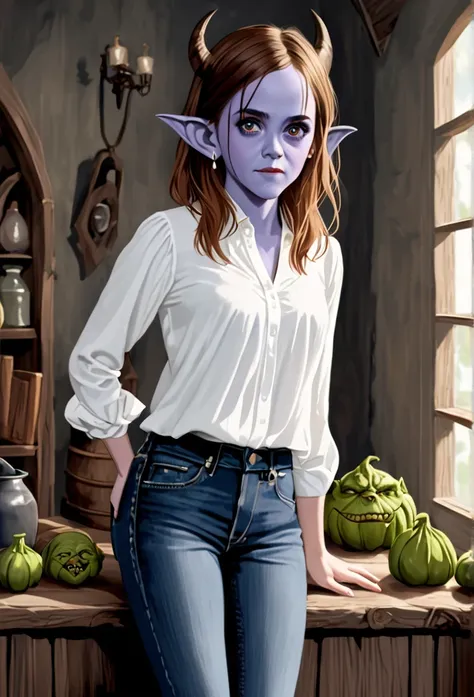 emma watson, brown hair, blue eyes, (jeans, white blouse), gobgirl, purple skin, short, demon horns, long ears, large ears, pier...