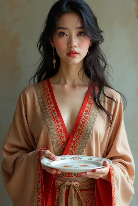 Myanmar model girl wear Myanmar dress hand on plate