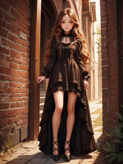 (Gothic whimsical artstyle), Full Length Concept of a young girl, female, honey toned skin, chestnut hair, long hair, wavy hair, brown eyes, perfect eyes, freckles, red dress, slender, smile, perfect eyes, detailed face, black shoes, full height
