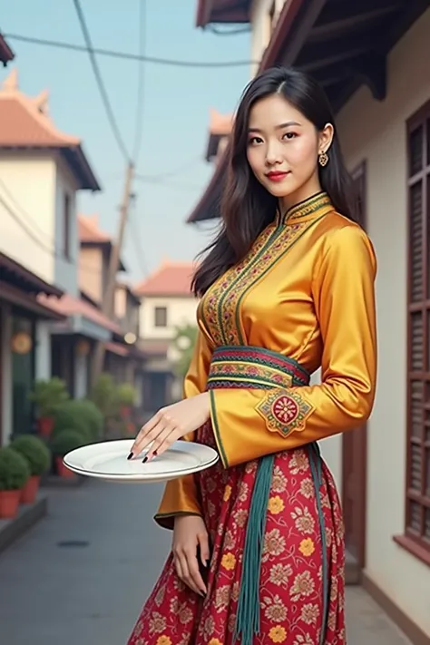 Hand on plate with Myanmar traditional dress