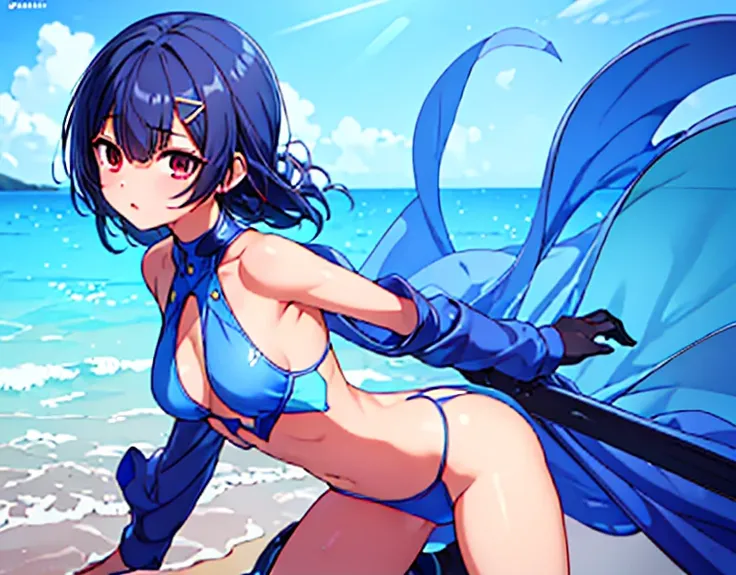 1 girl, Position: Crawling, Hipline emphasis, (Viewpoint: From behind), Blue beach, Sunny, (Perfect hands), (Perfect anatomy), (Perfect body structure), ((2 arms)), ((2 legs)), Masterpiece, Top quality, High resolution, Ultra high resolution, Perfect pixel...