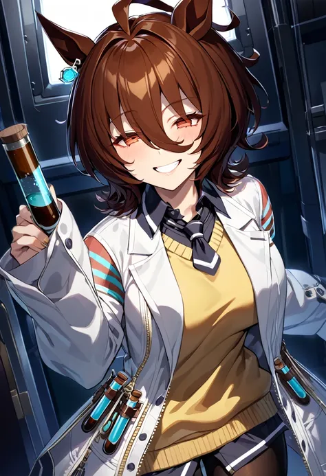 masterpiece, Highest quality,
Agnes-Tachyon (umamusume), 
mad scientist, (Shining Lab:1.2), smile, Mouth closed,
Single earring, Long sleeve, Sleeves are longer than the wrist, Sleeves are longer than your fingers, Collared shirt, Black Shirt, Yellow Sweat...