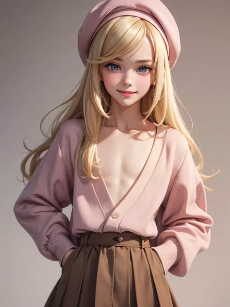 (best quality), 1boy, male, femboy, porcelain skin, blonde hair, straight hair, long hair, swept bangs, beret, cardigan, skirt, brown eyes, perfect eyes, flat chest, smile, blush, pink lips, masterpiece, anatomically correct, highres
