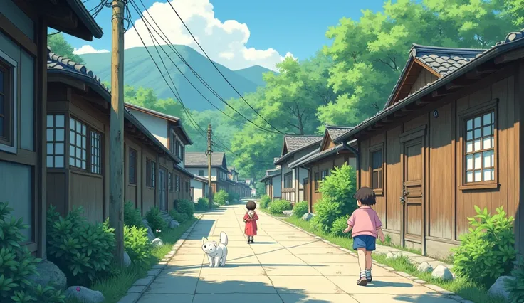 Generate a nostalgic anime-style image of a peaceful Japanese village setting during the early morning or late afternoon. The scene includes a quiet residential street or park, with traditional wooden houses, stone paths, and lush greenery. Children are se...