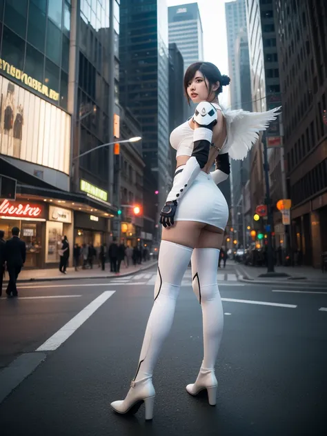 nspired,masterpieceabadon city,2b,nier automata, mecha armor, realistic, ,white suit,mecha leg,neon suit,detailed white skirt,me...