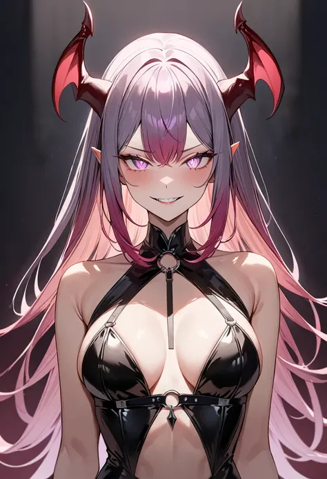 (masterpiece, top quality, very aesthetic, 4k、illustration), intricate detail, 1woman,solo,contrapposto 、Strong glowing eyes、,(upper body)、aroused grin、(devil、Succubus、Erotic),beautiful face、(gradient hair)、multicolored hair,middle hair,sidelock ,purple　ey...