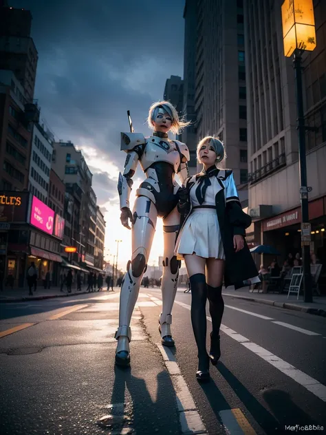 nspired,masterpieceabadon city,2b,nier automata, mecha armor, realistic, ,white suit,mecha leg,neon suit,detailed white skirt,me...