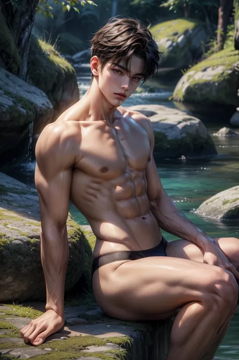 ((Highest quality)), ((masterpiece)), (detailed), ((Perfect Face)), ((Half Body)) Handsome face, male, Teenage Boy,  Perfect Proportions , Muscular and slim, Colorful atmosphere ((Perfect Face))arafed male model leaning against rock wearing thong, Jan J, Y...