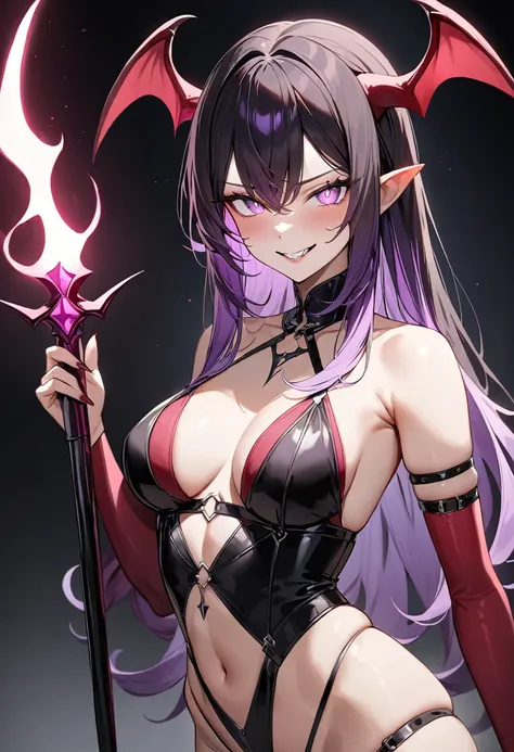 (masterpiece, top quality, very aesthetic, 4k、illustration), intricate detail, 1woman,solo,contrapposto 、Strong glowing eyes、,(upper body)、aroused grin、(devil、Succubus、Erotic),beautiful face、(gradient hair)、multicolored hair,middle hair,sidelock ,purple　ey...