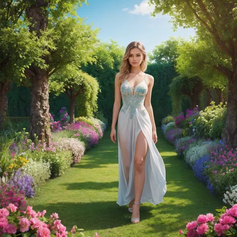 a beautiful girl in a garden, blonde hair, blue eyes, detailed face, elegant dress, graceful pose, natural lighting, fantasy landscape, lush greenery, colorful flowers, vibrant colors, intricate details, cinematic composition, digital painting, photorealis...