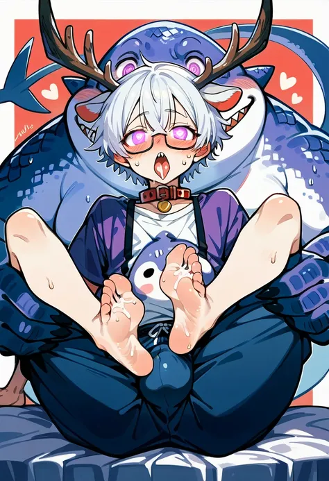 Shark Man，deer ears，Purple rune on abdomen，Glowing eyes，demon，demon契约，White hair，Demon King，Demon King正太鲨鱼，Deep purple eyes，Luminous glasses，Bulge in pants，blush，sweat，Slobber，emaciated，Open your legs，Milk flowing on face，There is milk on，Shark Man正太，open ...