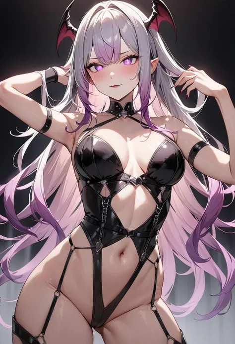 (masterpiece, top quality, very aesthetic, 4k、illustration), intricate detail, 1woman,solo,contrapposto 、Strong glowing eyes、,(upper body)、aroused 、(devil、Succubus、Erotic),beautiful face、(gradient hair)、multicolored hair,middle hair,sidelock ,purple　eyes、d...