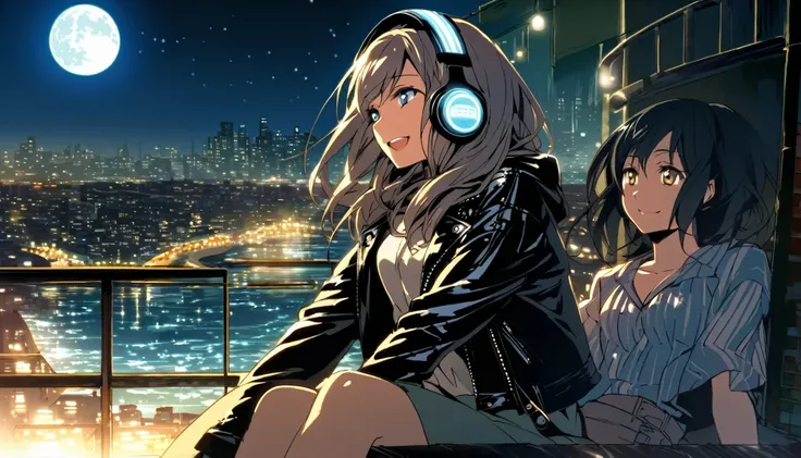 Wearing headphones and a leather jacket, Sitting on the edge of a rooftop at night.One woman in her early 20s with an anime face、 The city lights are shining behind her, And the moon reflects in the sea. She is smiling and enjoying the music, He doesn&#39;...